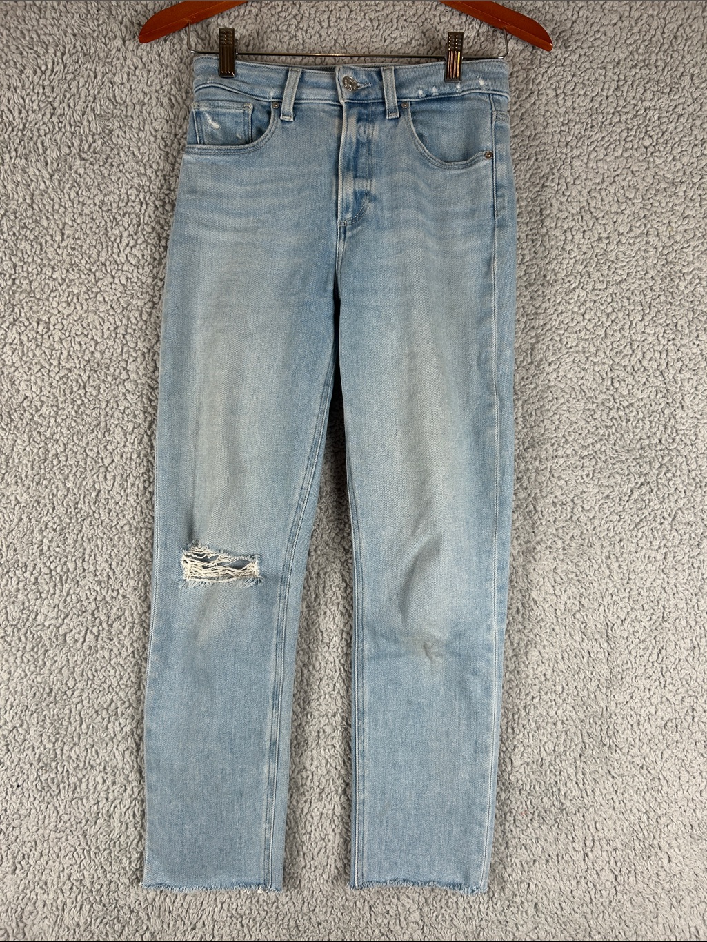 Paige Sarah Slim Crop Distressed Ripped Light Blue Denim Jeans Size 25